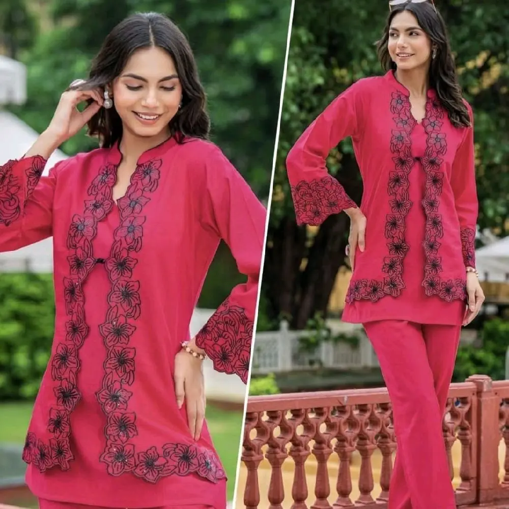 Women's Co-ord Sets - Pink Top with Floral Embroidery & Matching Pants for Stylish Wear