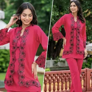 Women's Co-ord Sets - Pink Top with Floral Embroidery & Matching Pants for Stylish Wear