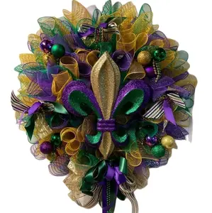 large 24" mardi gras wreath with flur de lis Mesh Decoration Door Decor Ornaments front door wreath door hanger purple yellow and green mask parade new orleans festival home decorating indoor or outdoor
