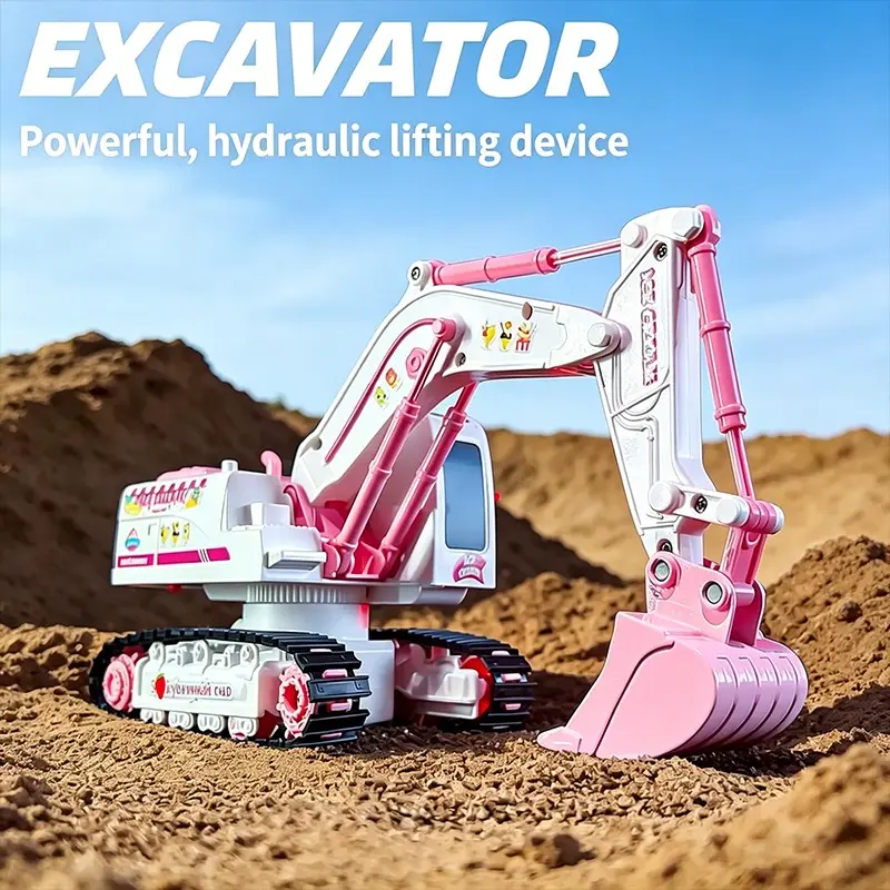 1:24 Pink RC Excavator, 2.4G 6CH Full-Function RC Controlled, Alloy Bucket with Sound & Light, Off-Road Climbing, Rechargeable DIY Stickers Construction Toy, Birthday Gift for Kids Girls