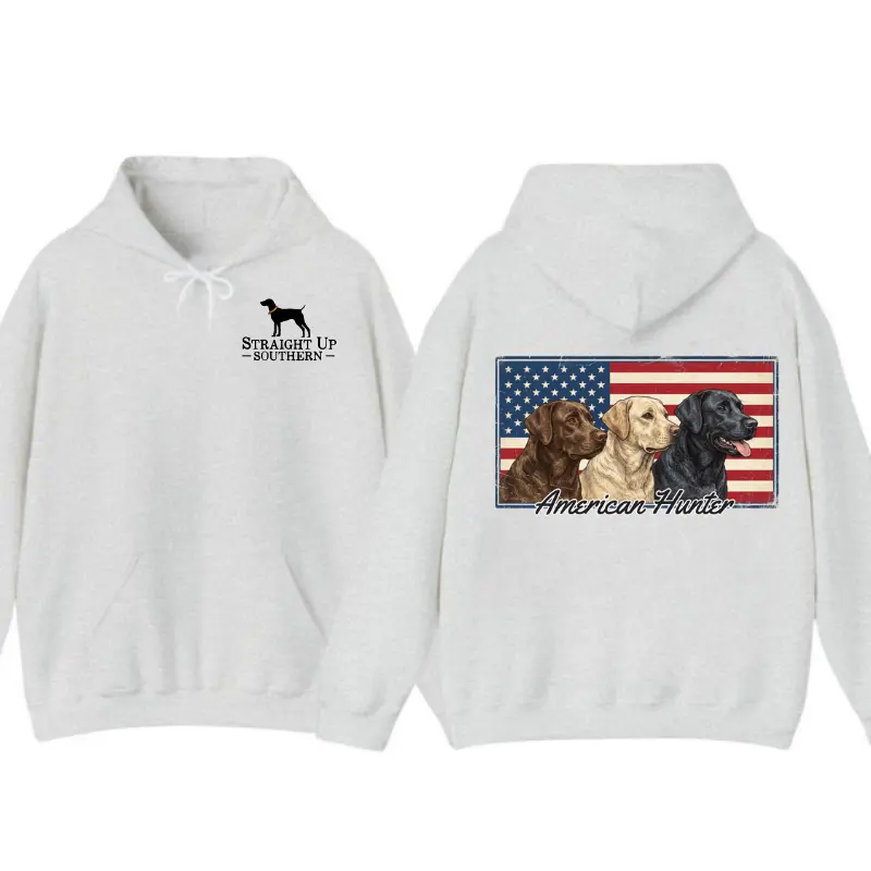 Men's Classic American Hunter Graphic Print Hoodie - Menswear, Cute Foldable Casual Cotton Long-Sleeve Pullover, Patriotic USA Flag & Labrador Design, Ribbed Hooded Neck, All-Season Gift for Dog Lovers