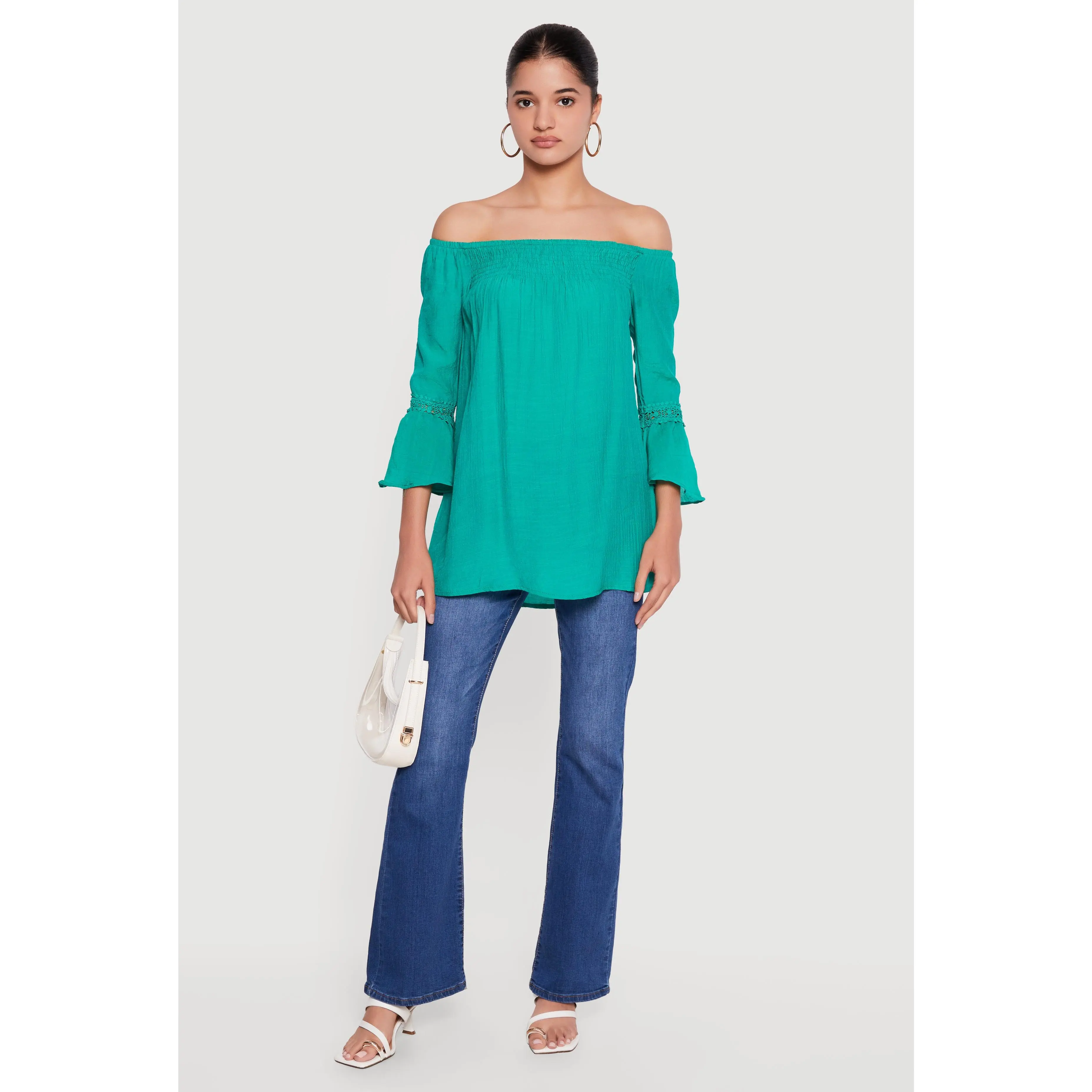 Crochet Bell Sleeve Detail Off The Shoulder Blouse