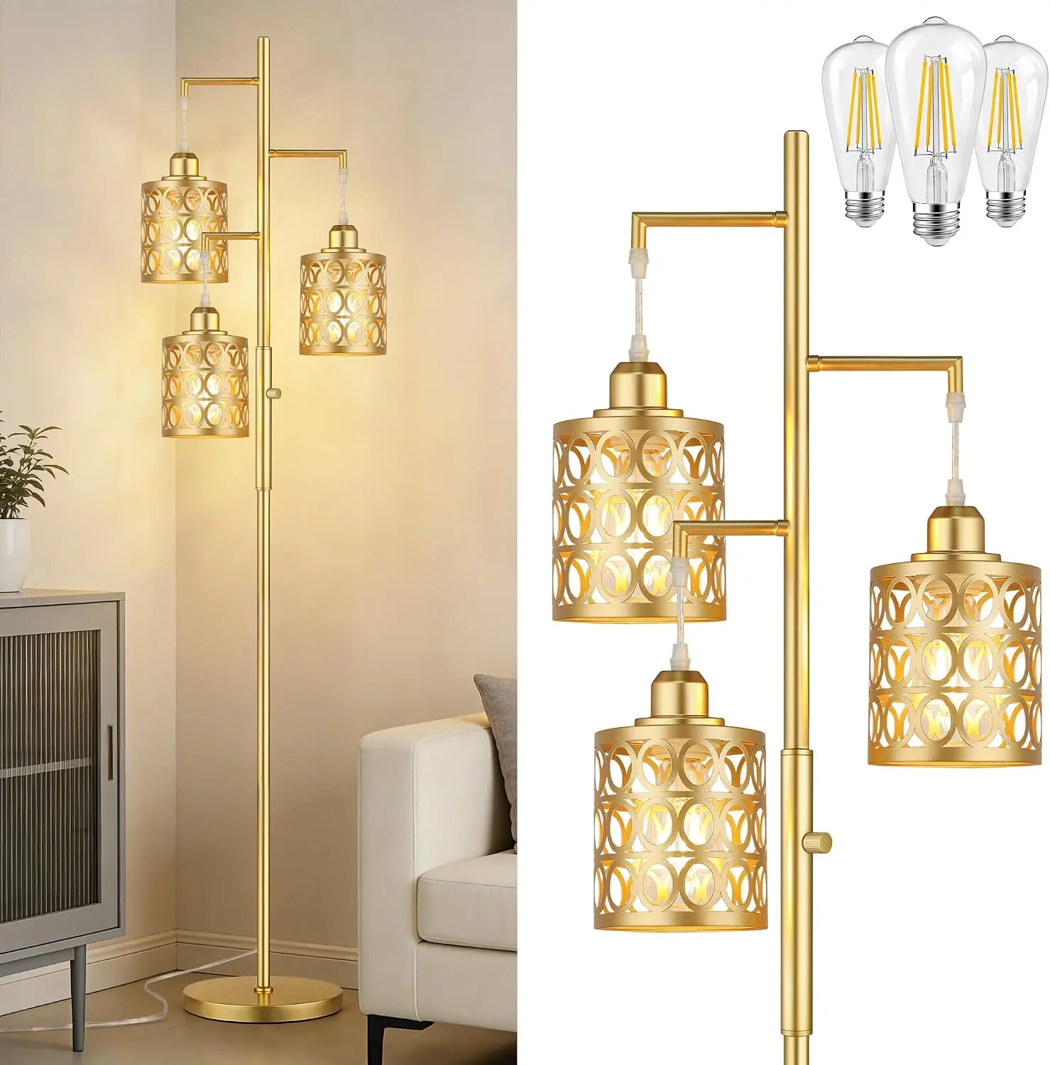 68" Tall Gold Industrial Floor Lamps for Living Room, Modern Standing Lamp | Stepless Dimmable, 3 LED Bulbs Included,2700K Warm Light, Rotary Switch, Super Bright, Metal Material, Bedroom Home Decor