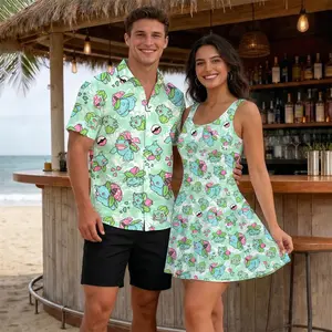 Bulbasaur Grass Dinosaur Monster 2026 PKM Vacation Couple Set Sleeveless Dress and Hawaiian Shirt, Bulbasaur Evolution Beach Party Game Lovers Set, PKM Anime Style Design, Aloha Shirt Matching Couple Set Idea | 080426.R3069.ID00