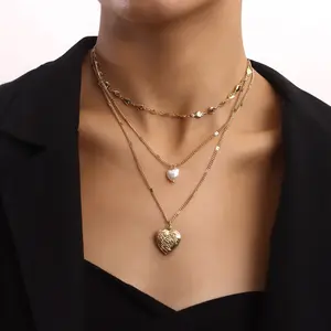 Chic Layered Necklace for Women: Heart-Link Chain, Pearls, and Openable Heart Locket Pendant (Instagram Style)