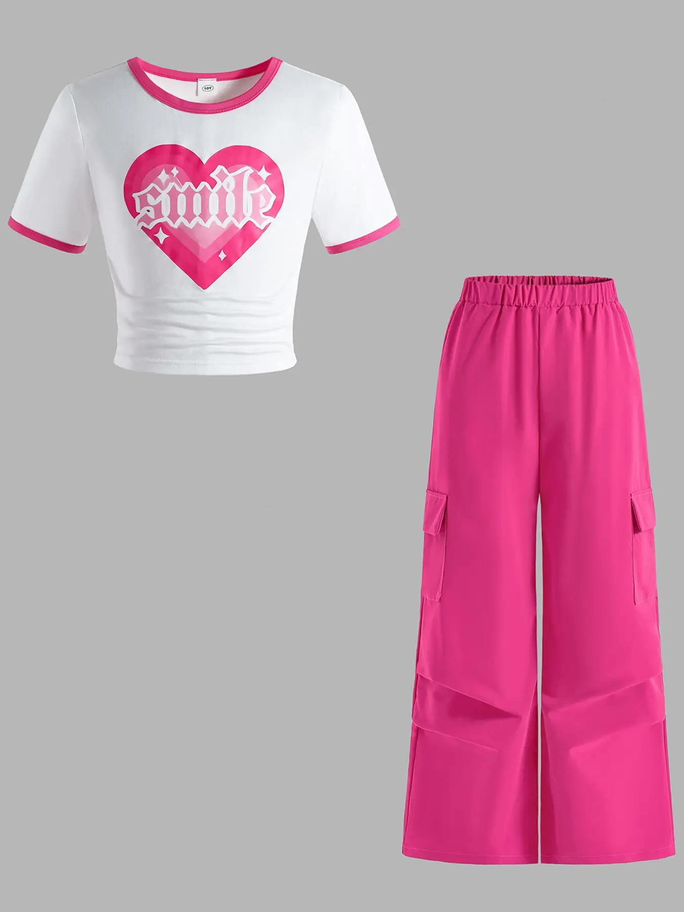 Girl's Heart Print Sweatshirt & Cargo Pants Two-Piece Set, Casual Round Neck Long Sleeve Pullover & Pocket Trousers for Spring & Fall, Kids Clothes fo