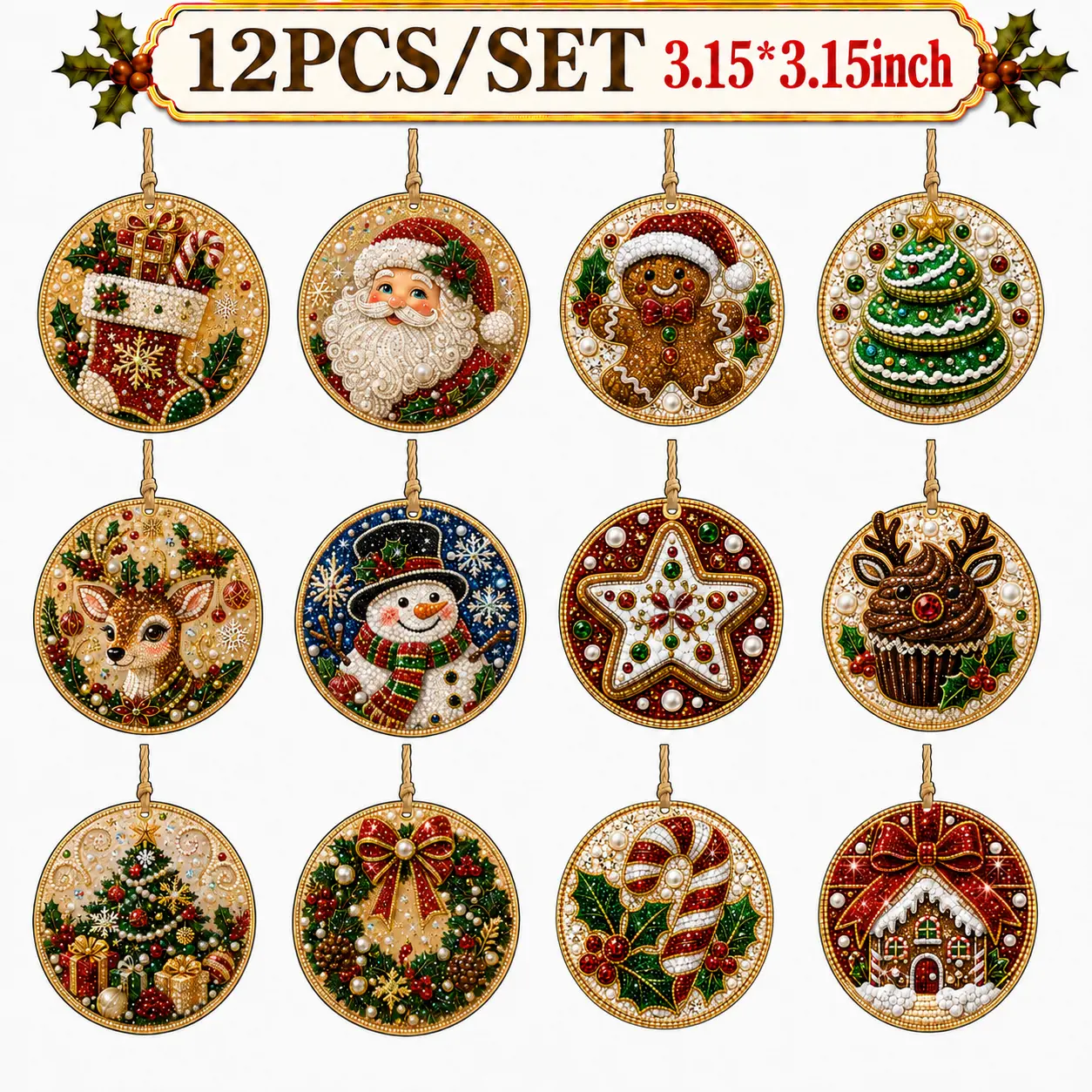 6Pcs/12Pcs/18Pcs Christmas Wooden Ornaments DIY Pearl Diamond Art Kit,Christmas ornaments,Christmas gift,Christmas tree decorations,Decorations create a Christmas atmosphere.Handmade Craft Decoration Gift for Holiday Home Party.DIY Diamond Painting