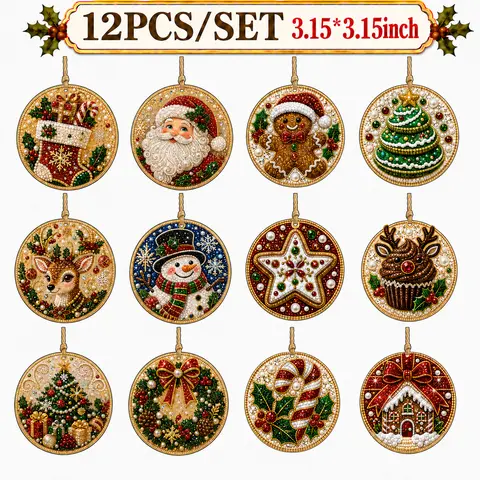 6Pcs/12Pcs/18Pcs Christmas Wooden Ornaments DIY Pearl Diamond Art Kit,Christmas ornaments,Christmas gift,Christmas tree decorations,Decorations create a Christmas atmosphere.Handmade Craft Decoration Gift for Holiday Home Party.DIY Diamond Painting