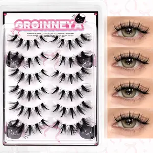 GROINNEYA 6 Pairs Wet Look Eyelashes Manga Style Lashes Anime Spiky False Eyelashes Little Devil Dramatic Eye Lashes 5D Wispy Fake Eye Lashes Natural Cross Faux Mink Eyelashes With Clear Band,Suitable For Cosplay,Party And Daily Makeup