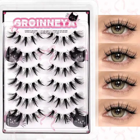 GROINNEYA 6 Pairs Dramatic 5D Faux Mink False Eyelashes, Wispy Fluffy Manga Style with Clear Band, Wet-Look Soft Lashes for Cosplay, Party & Daily Makeup Cosmetic Lashes