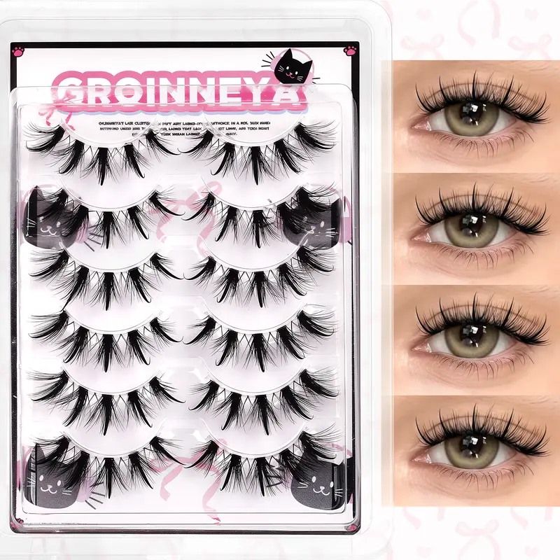 GROINNEYA 6 Pairs Dramatic 5D Faux Mink False Eyelashes, Wispy Fluffy Manga Style with Clear Band, Wet-Look Soft Lashes for Cosplay, Party & Daily Makeup Cosmetic Lashes