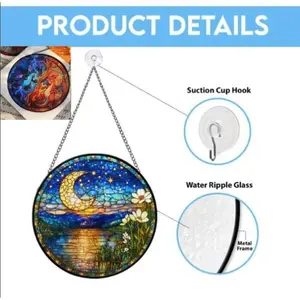 S.tu.nn.i.n.g M00n & St.ars St.ai.ned Gl.ass Wind.ow Hanging, Includes Suction Cup