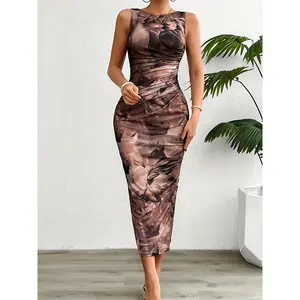 SYHAN 2026 Latest Women's Tie-Dye Sleeveless Dress Elegant Floral Print Mid-Length with Side Slit Design Machine Washable Spring Summer Autumn Fashion Smooth Cut Formal Womenswear Elegance