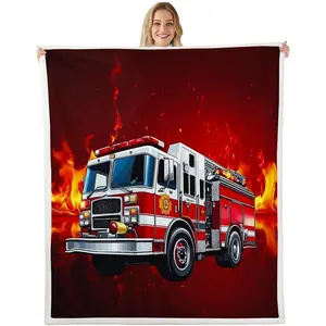 Firefighter Truck Sherpa Blanket Firemen Car Vehicle Fleece Throw Blanket for Bed Couch Sofa Children Bedroom Decor Fire Engine Pattern Plush Red Fuzzy Baby