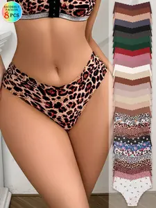 Random 8 Pack Women's Seamless Wave Edge Panties, Seamless Knickers, Leopard & Multi-Print Low Waist Comfort Triangle Briefs, Slim-Fitting All Seasons, Knitted Stretch Underwear