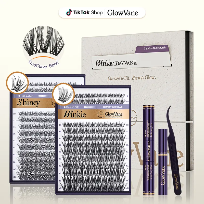 GlowVane TrueCurve Waterproof Natural Lash Clusters Kit | 0.03mm Curved Band Soft Fluffy Rich Girl Style, 8-18mm DD Curl DIY Makeup Extensions for Beginners, Seamless Eye Fit No Strain (FS1)