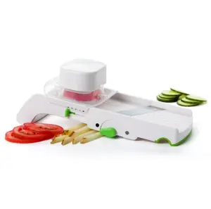 Prep Solutions Multi Slicer Adjustable Thickness Vegetable Cutter with Julienne Option Safety Hand Guard Non Skid Base Dishwasher Safe White