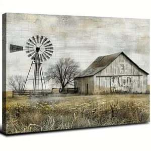 Serene Agri-Art, Rustic Farmhouse Canvas Wall Art with Frame - Vintage Barn & Windmill Scene, Ready-to-Hang Print for Living Room, Bedroom, Office Decor, Perfect for Room Decor