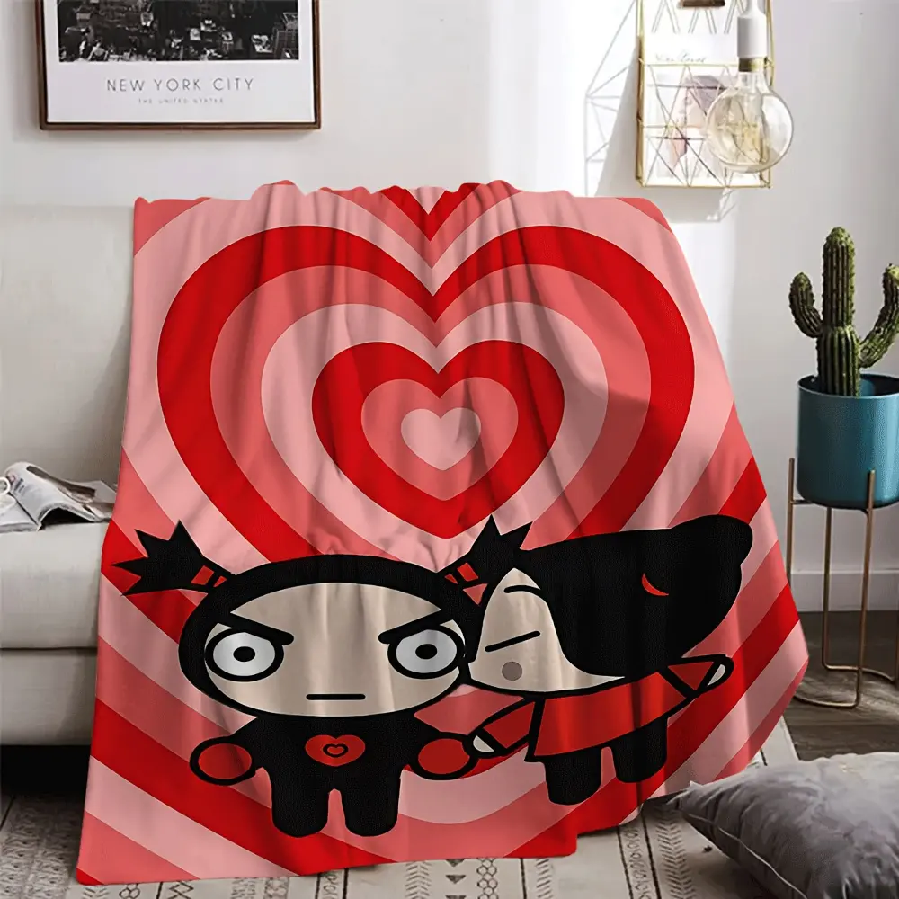 Classic Cute Cartoon Pucca Print Microfibre Flannel Blanket - Unisex Adults, Multi-Size, Super Soft, Warm, Breathable, Wrinkle Resistant, Stain Resistant, Machine Washable, Durable Fabric, All Seasons, General Use for Sofa Beds, Travel