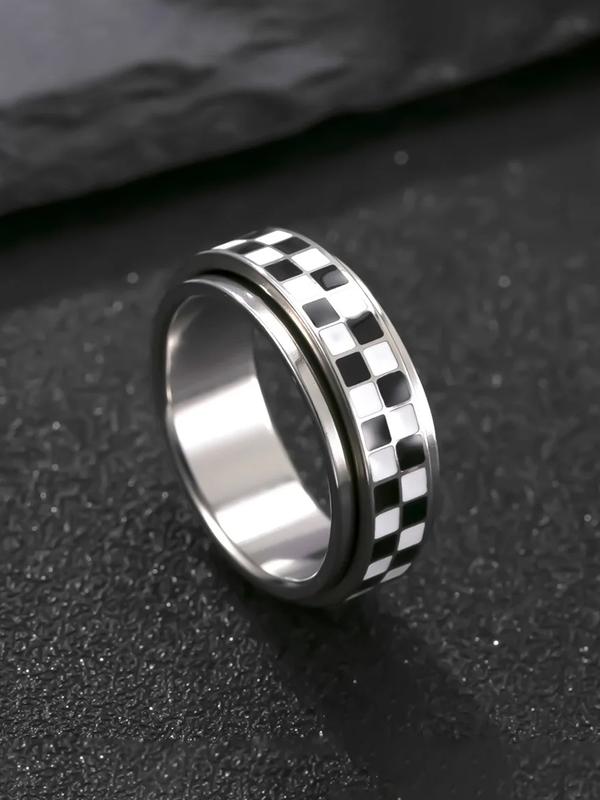 Stainless Steel Checkered Rotating Stress Relief Adjustable Ring, Unisex Casual Daily Wear, Simple Chessboard Design Jewelry Stainless Steel Checkered Rotating Stress Relief Adjustable Ring, Unisex Casual Daily Wear, Simple Chessboard Design Jewelry