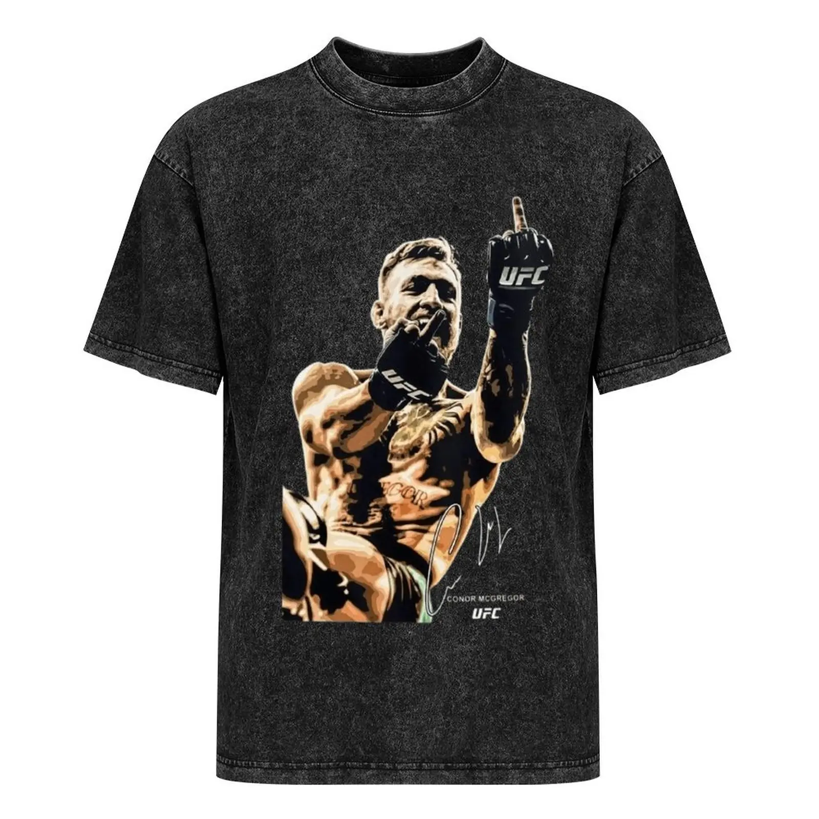 Men's Shortsleeve T-Shirt with Vintage Fighter Graphic, Oversized Loose-Fit Washed Cotton Round Neck for Streetwear, Menswear Casual Crewneck, Fighter Print, Combat Sports