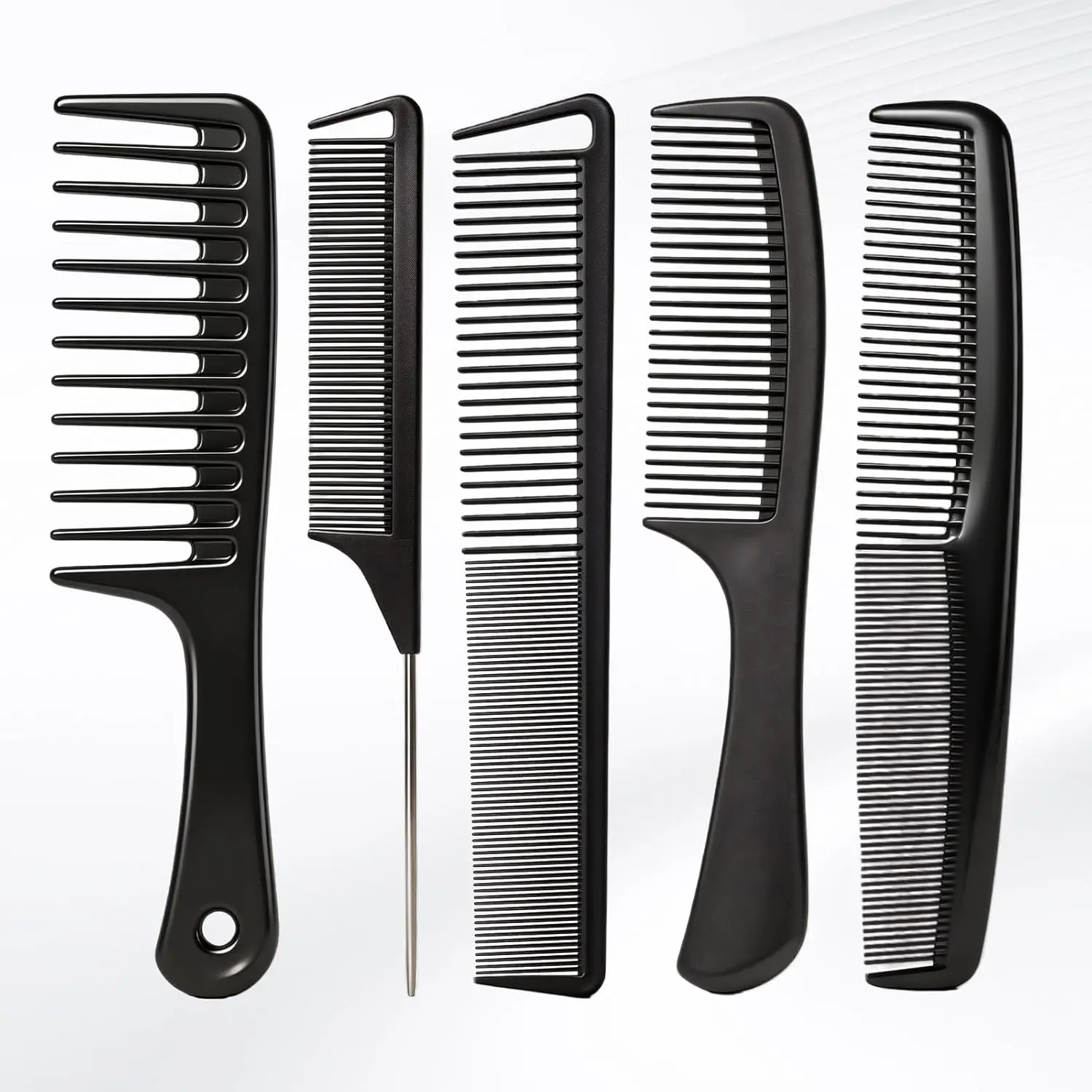 5PCS Hair Comb Set - Professional Wide & Fine Tooth Rat Tail Combs for Men Women，Carbon Fiber Comb for Hair Cutting Styling Braiding Parting Teasing Tools(Black)