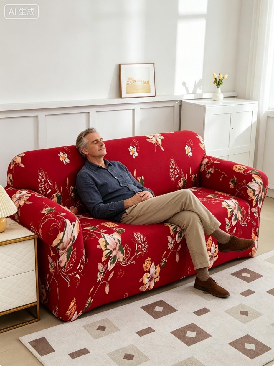 Bold Red Floral Stretch Sofa Cover | Form-Fitting Slipcover for Boho & Cottage Vibes