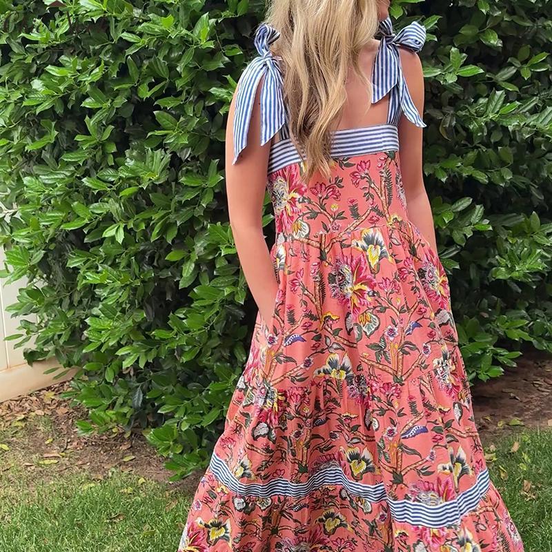 Women Summer Maxi Dress with Pockets 2025 Spaghetti Strap Sundress Casual Flowy Boho Dress Floral Tiered Beach Dress