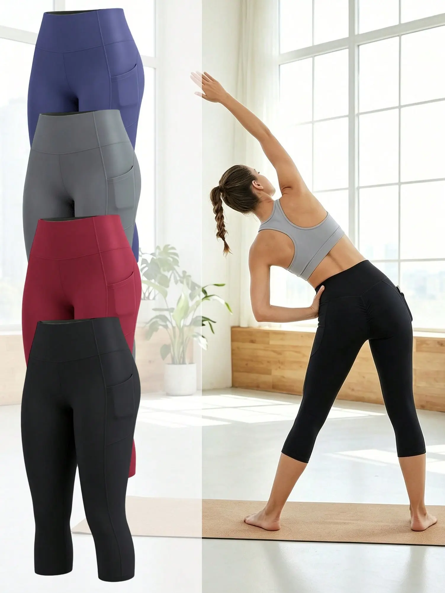 4-Pack Women’s Capri Pants – Stretch Capris in Black, Gray, Red, and Blue, Tummy Compression, Ultra-Soft Non-See-Through Fabric for Gym and Running