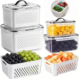 4 Pack Fruit Storage Containers for Fridge, Airtight Produce Containers with Removable Colander & Divider, Stackable Portable Food Storage with Handle