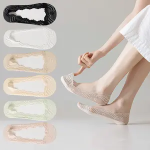 Women’s Floral Lace No Show Socks, 6 Pairs Sheer Invisible Liner Socks with Non-Slip Silicone Grip for Summer