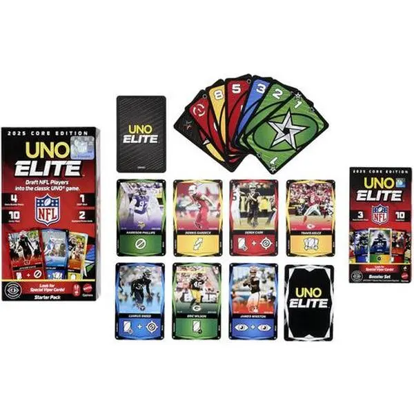New UNO: Elite NFL 2025 Core Edition Booster Set Collectible Card Game, Table Top Game with 30 Cards, Ages 7 Years and Up, Color Blind Friendly