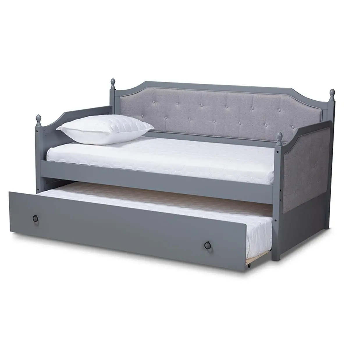 212 MAIN Mara Twin Size Upholstered Wood Bed - Classic Traditional Button-Tufted Polyester Fabric with Naps, Black Metal Ring Pulls, Pull-Out Trundle, Foam-Infused, Grey & Grey Chic Indoor Furniture Bed (Assembly Required)