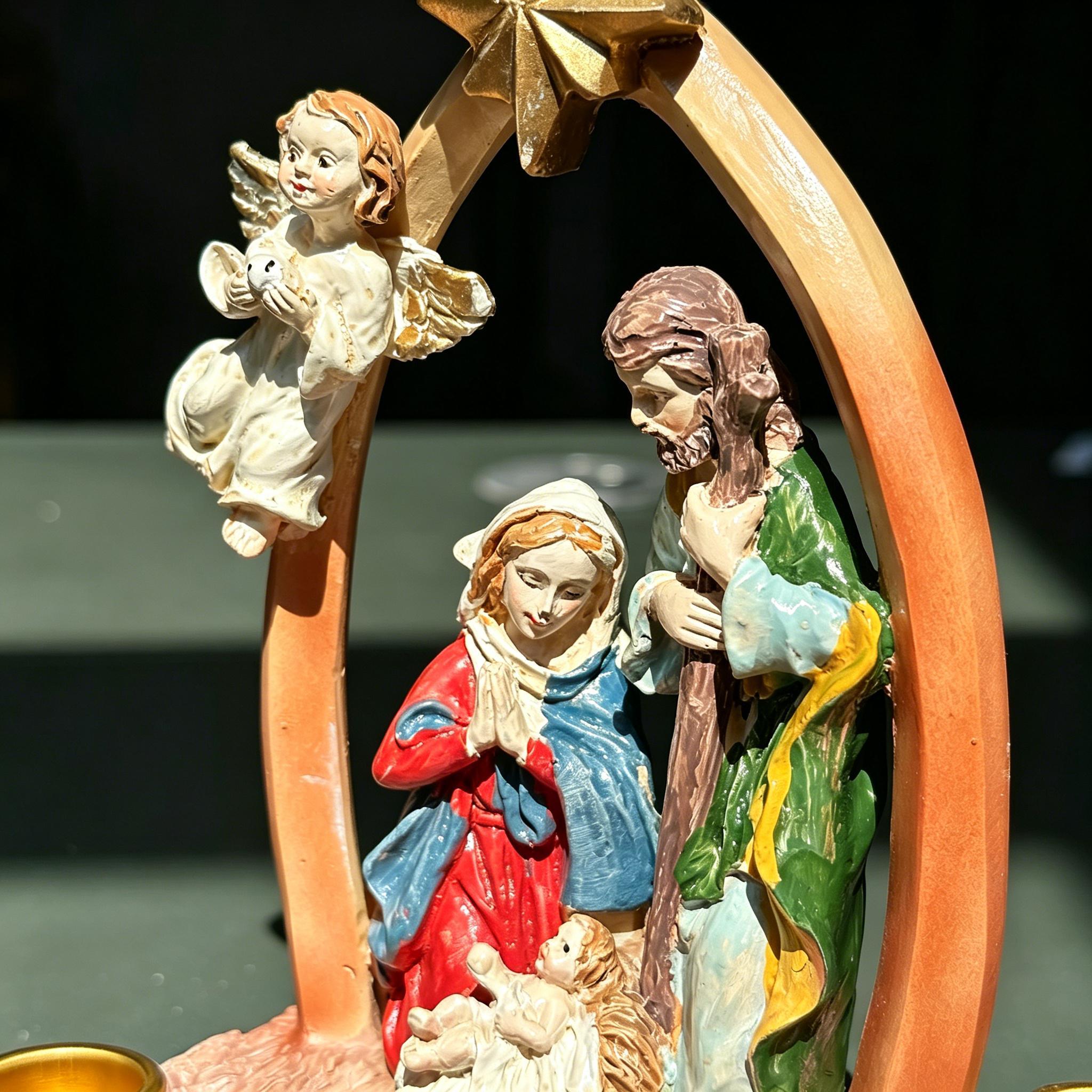 Christmas Nativity Candle Stand - Resin Three-Character Family Scene Decorative Piece - Religious Festival Table DecorationChristmas Nativity Candle Stand - Resin Three-Character Family Scene Decorative Piece - Religious Festival Table Decoration