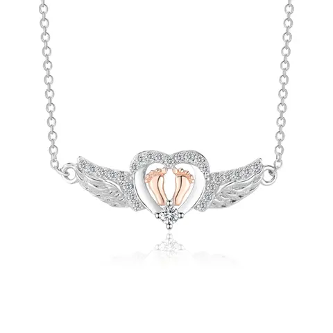 Angel Wings Heart Footprint Necklace for Women Chain Necklace, Perfect Gift for Mother Daughter, Heart Pendant Necklace, Jewelry Necklace, Love Heart Necklace, Heart Design Necklace