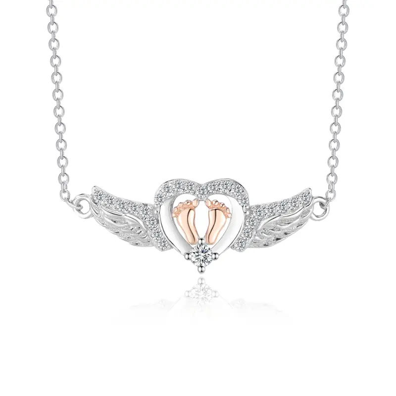 Angel Wings Heart Footprint Necklace for Women Chain Necklace, Perfect Gift for Mother Daughter, Heart Pendant Necklace, Jewelry Necklace, Love Heart Necklace, Heart Design Necklace