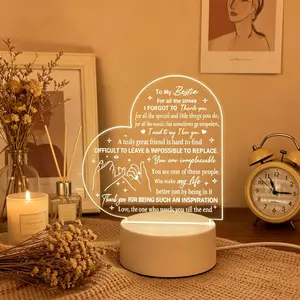 Heart Shaped 2D Acrylic Night Light with Friendship Quote, Engraved LED Desk Lamp, Sentimental Birthday Christmas Galentine’s Day Friendship Gift for Women Bestie BFF Female Best Friend, Warm White Bedroom Decor Lamp Present