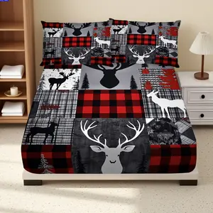 3pcs Elegant Plaid Moose Forest Fitted Sheet Set - Red & Black Checkered Deer Silhouettes, Soft Bedding for Home & Hotels, Bed Sheets Set, Deep Pocket ≤29cm, Machine Washable, 1 Fitted Sheet + 2 Pillowcases