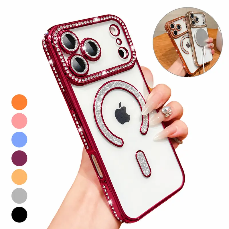 ROTUNOE Glitter Magnetic Phone Case with Sparkly Rhinestone Diamond Design, Clear Bling Protective Cover with Camera Lens Protection, MagSafe Compatible Cute Phone Case for iPhone 18/17/16/15/14/13/12 Pro Max Series