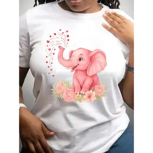 Pink Elephant & Heart Graphic T-Shirt—White Crew Neck Short Sleeve Tee with Cute Watercolor Elephant & Floral Design. Sweet Romantic Fit for Daily Casual Wear.