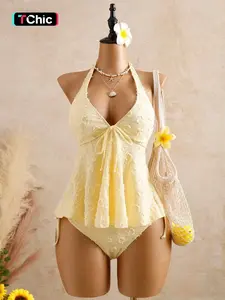 2 Spring Summer Halter Tankini Set Women | Textured Floral Tie Front Flowy Swimsuit | Boho Coquette Style for Beach Vacation Pool Wear