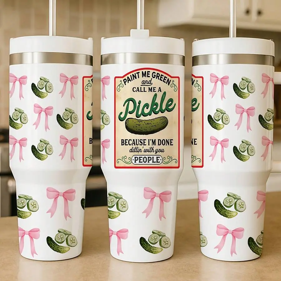 40 Oz Humorous Stainless Steel Tumbler, Paint Me Green And Call Me A Pickle Quote, WideMouth Vacuum Cup, Keeps Drinks Cold 24H And Hot 12H, Portable Drinkware For Home,Travel, Fun Gift For Pickle Lovers, Sarcastic Interesting Tumbler.