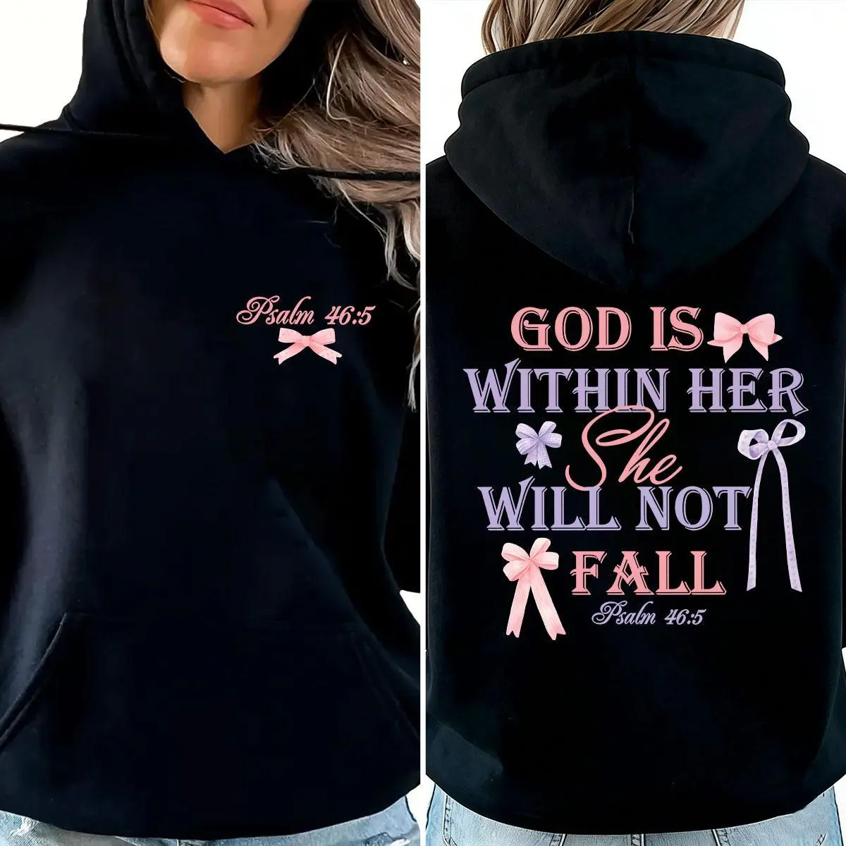 Letter Print Psalm 46:5 God Is Within Her She Will Not Fall T-Shirt Hoodie Fashion Casual Daily Holiday Outdoor Wear Cute Tops Made In USA For Women For Men [Lolly & Lace 180G/230G 100% cotton short-sleeve/hoodie, soft and comfortable]