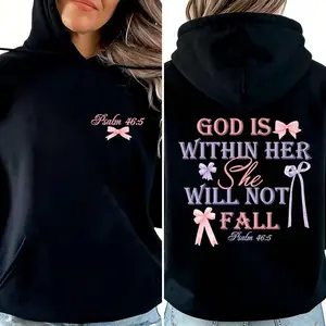 Letter Print Psalm 46:5 God Is Within Her She Will Not Fall T-Shirt Hoodie Fashion Casual Daily Holiday Outdoor Wear Cute Tops Made In USA For Women For Men [SaffronSequin 180G/230G 100% cotton short-sleeve/hoodie, soft and comfortable]