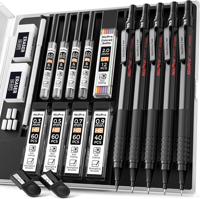 Nicpro 5 Pack Black Art Mechanical Pencil Set, Metal Drafting Pencils 0.3, 0.5, 0.7, 0.9, 2mm Graphite Lead Holder (4B 2B HB 2H Colored) For Writing Sketching Drawing With 9 Lead Refills Eraser Case Nicpro 5 Pack Black Art Mechanical Pencil Set, Metal Drafting Pencils 0.3, 0.5, 0.7, 0.9, 2mm Graphite Lead Holder (4B 2B HB 2H Colored) For Writing Sketching Drawing With 9 Lead Refills Eraser Case