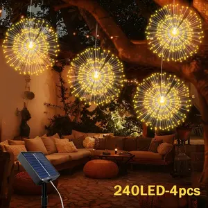 4pcs, Solar Copper Wire Fireworks String Lights, Outdoor Starburst Ball Lights, 8 Modes, Hanging Fairy Lights, Yard Decorative Lights, Create a Romantic Atmosphere, Suitable for Gardens, Balconies, Umbrellas, Gardens, Weddings, And Parties