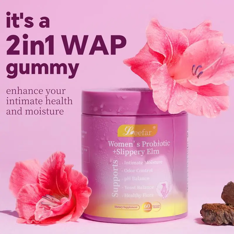 Women’s Juicy Feminine Probiotic Gummies - All-in-1 Solution with Slippery Elm, Prebiotics & Lactobacillus Blend for pH Balance, Dryness Relief - Hawaiian Pineapple Flavor, 60 Count