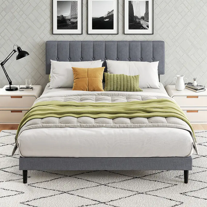 Sweetcrispy Multi-Size Fabric Upholstered Sturdy Platform Bed Frame - Wooden Slatted, Durable, No Box Spring Needed, Contemporary Modern, Fits 6-14" Mats, Queen/Full Size, Ideal Bedroom Furniture Decor, Contemporary Bed