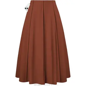 Women's Pleated Midi Skirt 2025 Fall High Waisted Knee Length Flowy A Line Swing Casual Flared Skirts with PocketsABSummit Active