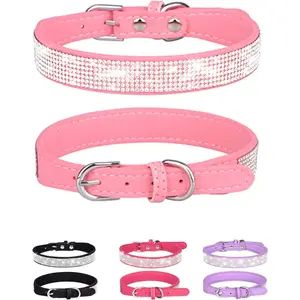 Adjustable Leather Suede Bling Rhinestone Pink Dog Collar for Small Dogs, Also Suitable as Cat Collar (S, Pink)